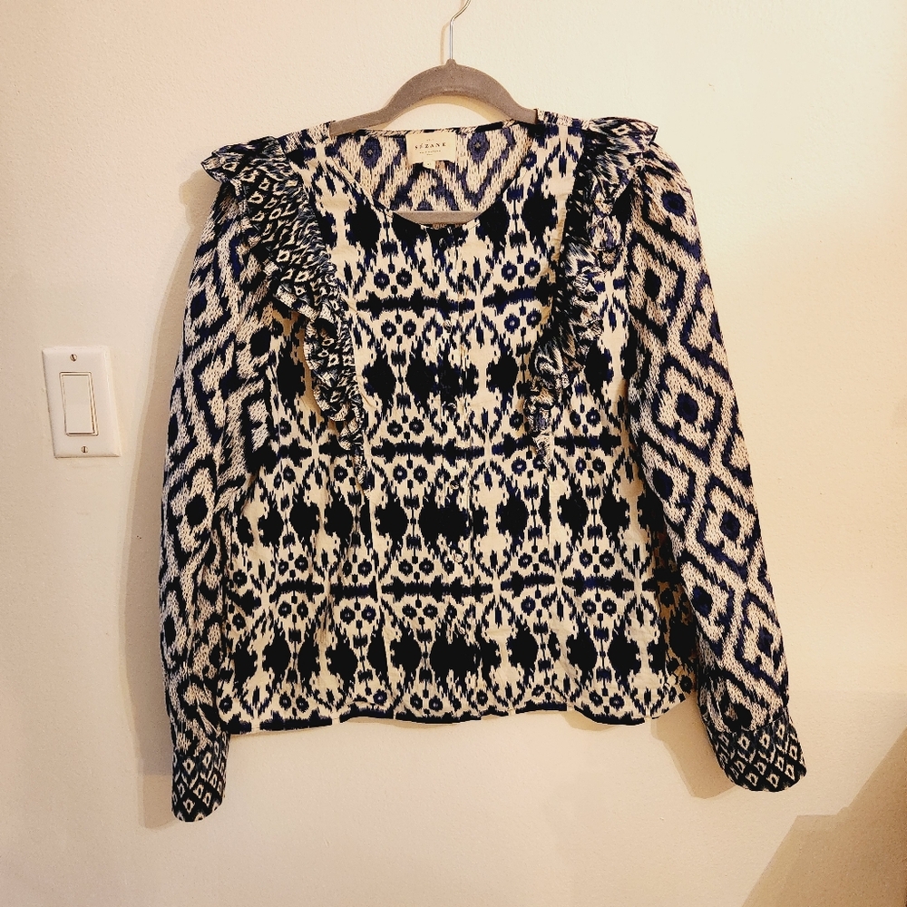 Sezane Printed Ruffle Cotyon Blue Button Down Blouse Size 42 US 10 - Picture 5 of 12